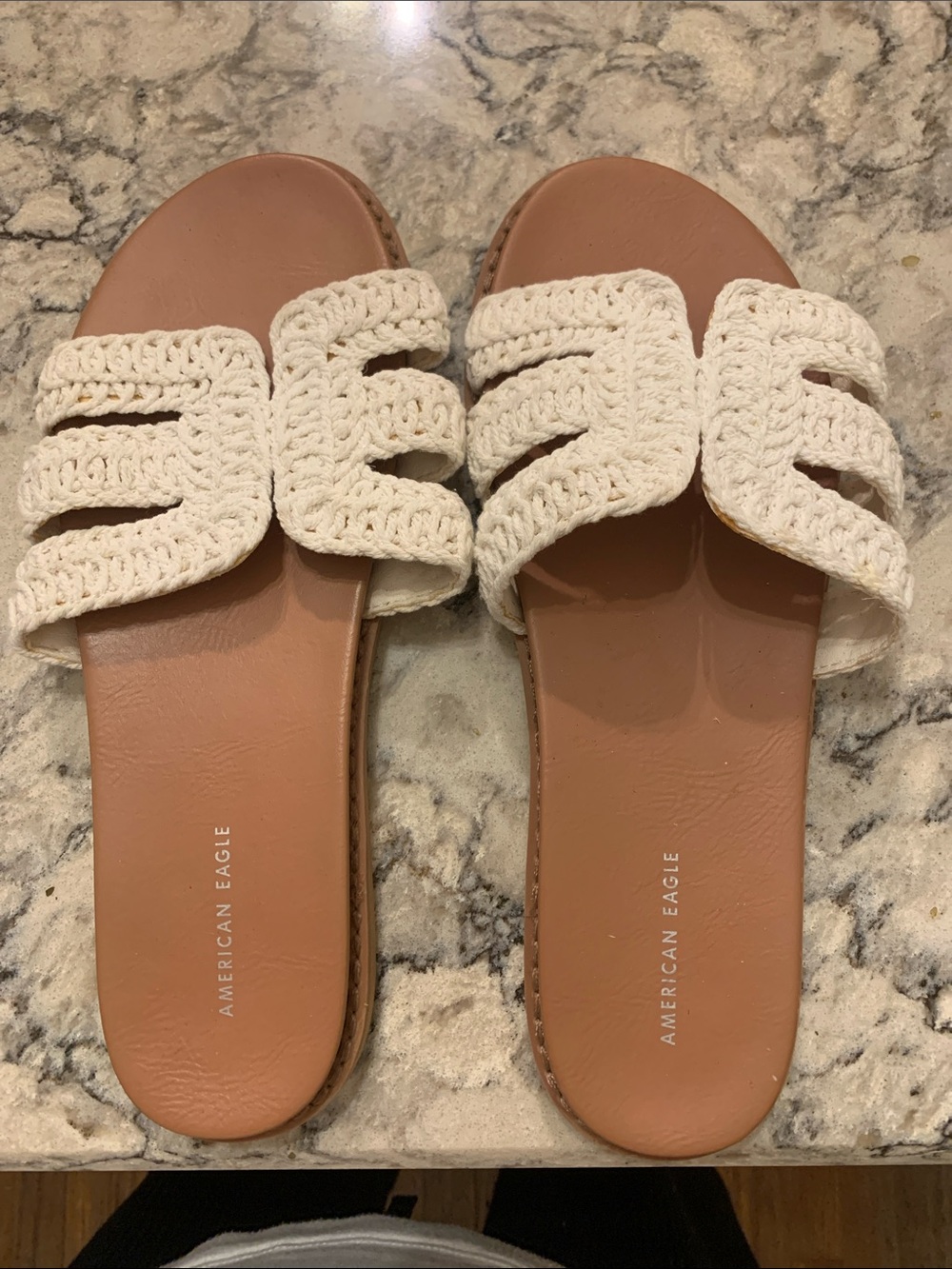 American Eagle Outfitters Tan Footbed Slide Sandals with Cream Crochet Straps